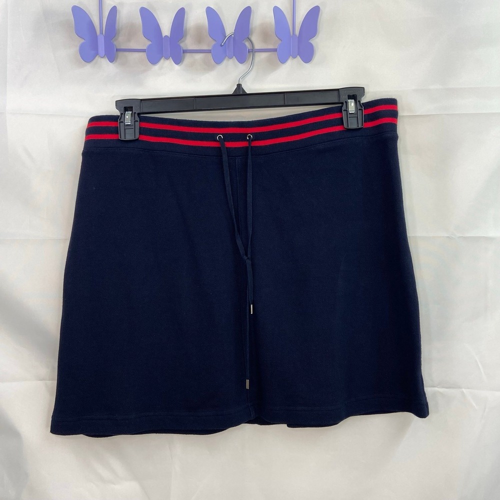 CHAPS women's pull on navy striped drawstring cotton stretch knee skirt casual L